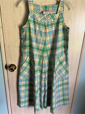 Vintage BARCLAY SQUARE A-Line Colorful Plaid Pocket Jumper Tank Dress Sz 13/14